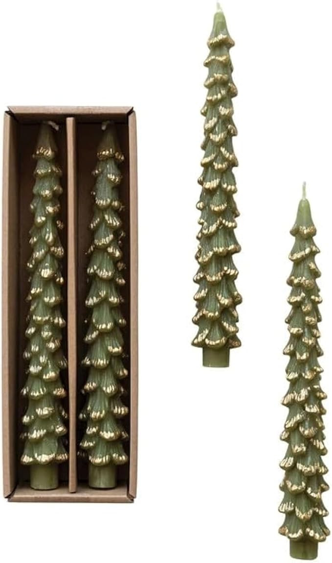 Creative Co-Op Golden-Tipped Elegance Tree Shaped Taper Candles, Evergreen, Set of 2 | Amazon (US)