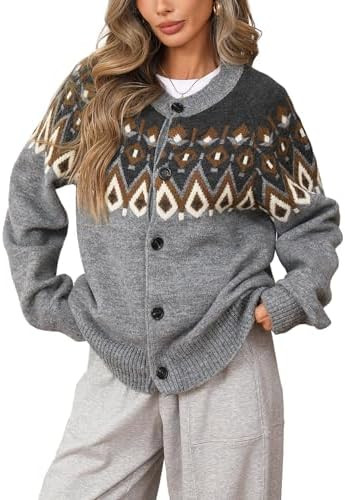 Women's Chunky Sweater Cardigan Crew Neck Long Sleeve Button Fron Fair Isle Christmas Sweater Coa... | Amazon (US)
