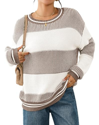 Viottiset Women's 2025 Fall Fashion Crew Neck Long Sleeve Striped Color Block Knit Loose Pullover... | Amazon (US)