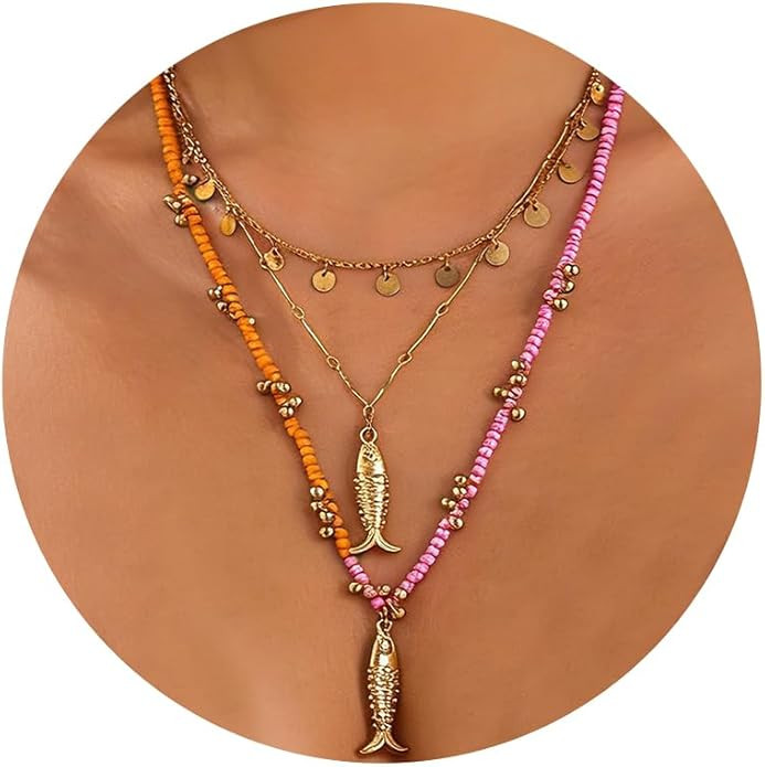 Fish Necklace for Women Handmade Beaded Y Pendant Necklace Colorful Summer Beach Boho Layering Ch... | Amazon (US)