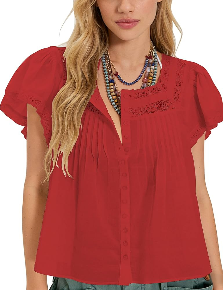 Women's Boho Peplum Babydoll Crop Tops Lace Vest Short Sleeve Button Down Semi Sheer Linen Shirts | Amazon (US)