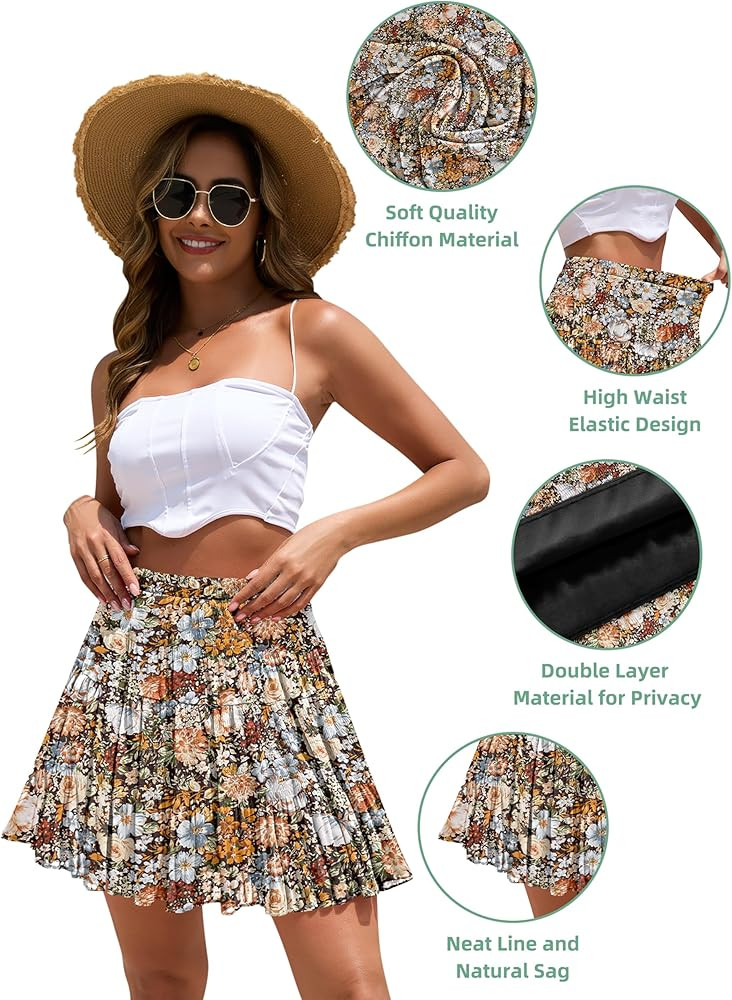 CYiNu Short Skirts for Women Summer Boho Flowy A Line Chiffon Tiered Pleated Mini Skirt | Amazon (US)
