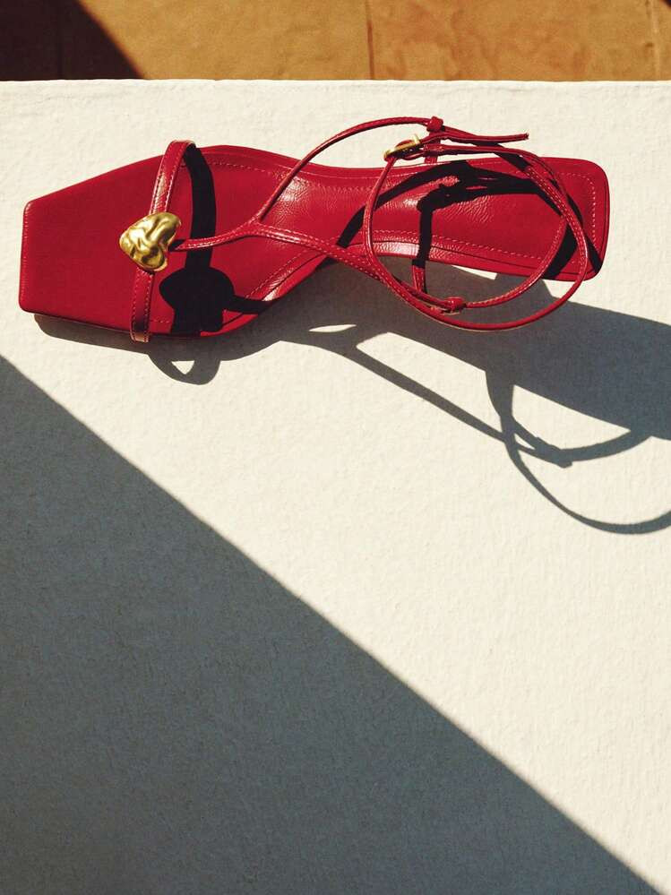 Women Sandals 2025 Spring Summer New Strappy High Heel Sandals, Red Heart Metal Decor Lacquered L... | SHEIN