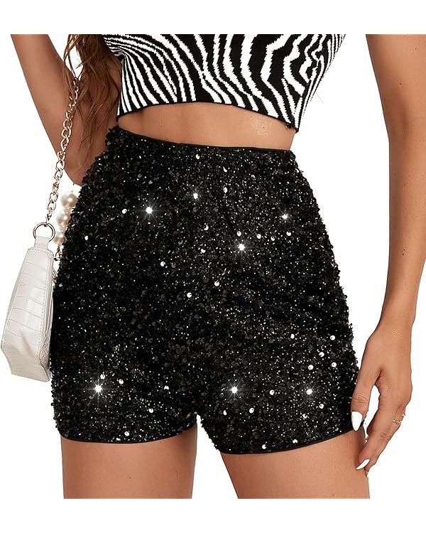 Women's High Waist Sequin Performance Glitter Clubwear Rave Shorts | Amazon (US)