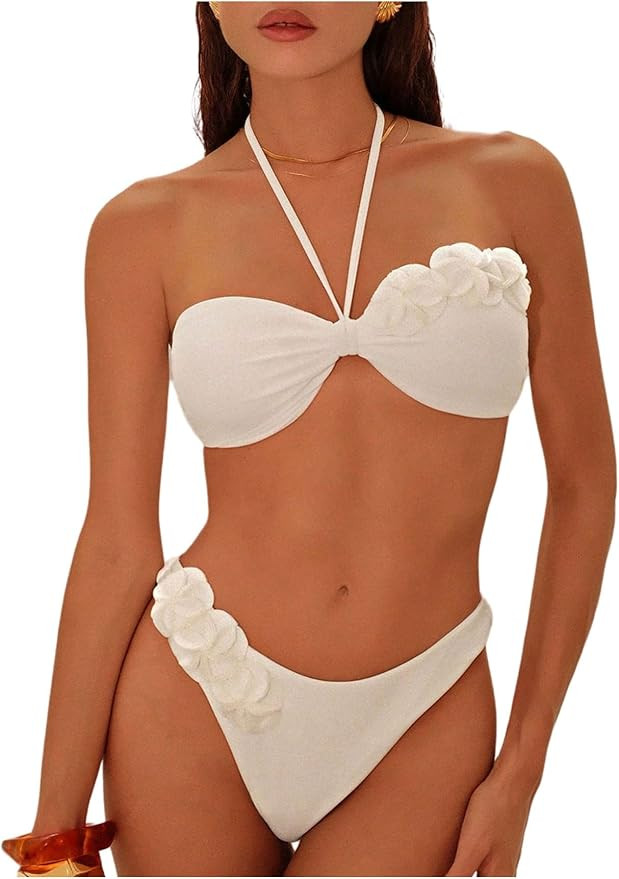 SOLY HUX Women's Two Piece Swimsuit 3D Flower Halter High Cut Bikini Set Bathing Suit Beachwear | Amazon (US)