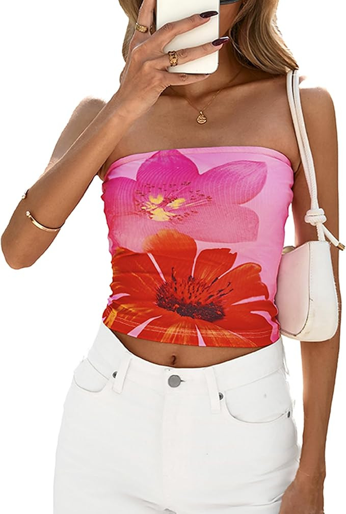 PRETTYGARDEN Strapless Tube Tops for Women 2025 Summer Mesh Floral Y2K Bandeau Cute Crop Top Tren... | Amazon (US)