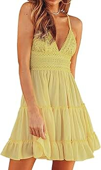 ECOWISH Womens V-Neck Spaghetti Strap Bowknot Backless Sleeveless Lace Mini Swing Skater Dress | Amazon (US)
