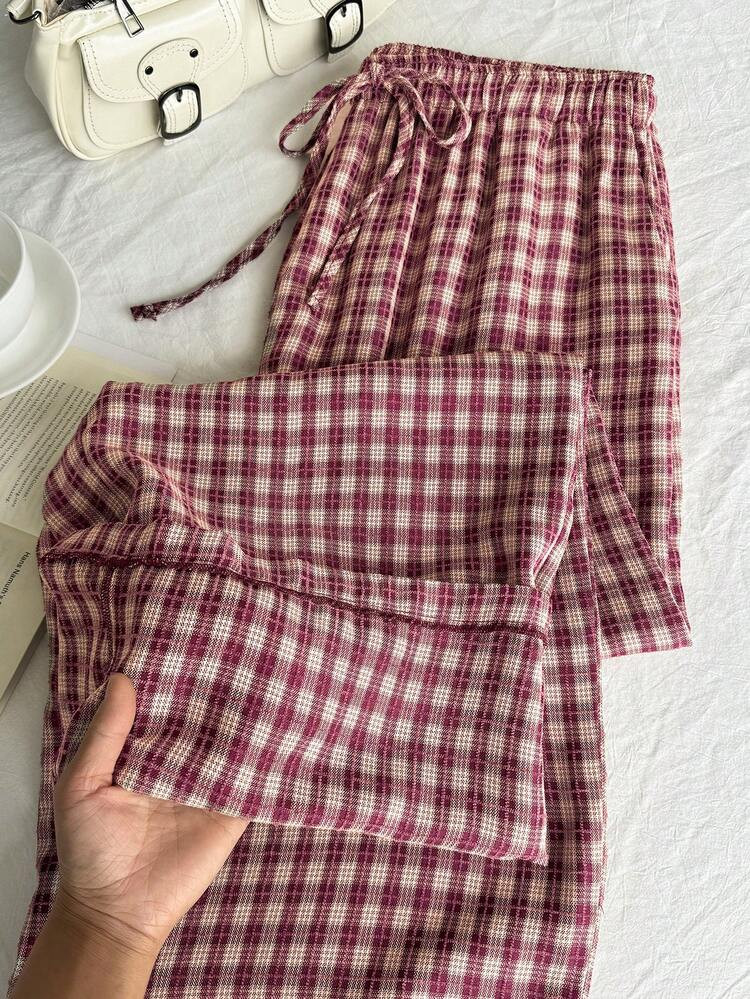 Comfortcana Summer Solid Color Textu Crinkle Fabric Loose Drawstring Tie Waist Casual Vacation Wide Leg Pants, Plus Size Plaid Casual Pants Cottagecore Pants Women Gingham Pants Summer Plaid Bottoms Red Gingham Pants Summer Plaid Pants Gingham Wide Leg Pants | SHEIN