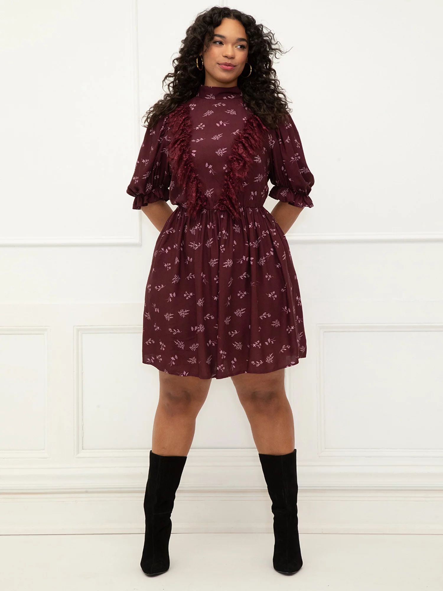 ELOQUII Elements Women's Plus Size Puff Sleeve Dress With Ruffles - Walmart.com | Walmart (US)