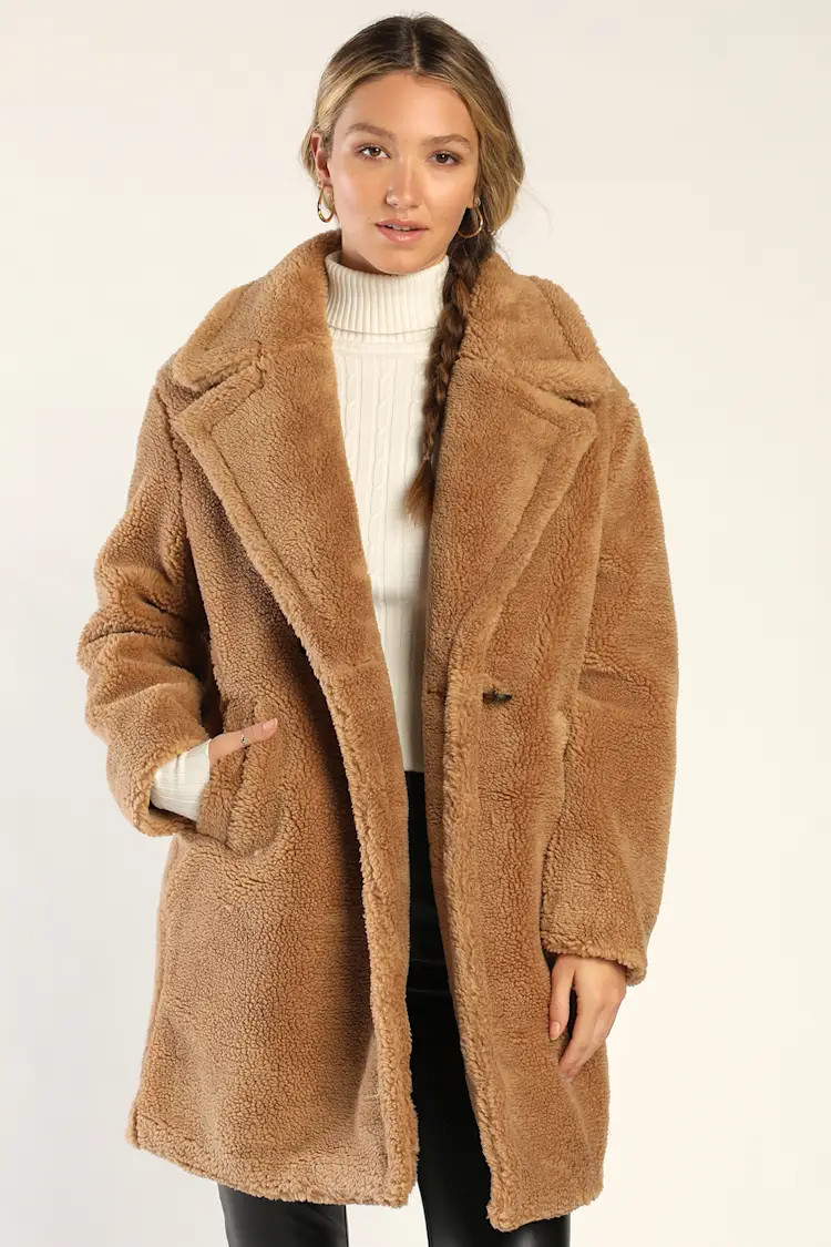 Scarlet Light Brown Longline Teddy Coat | Lulus (US)