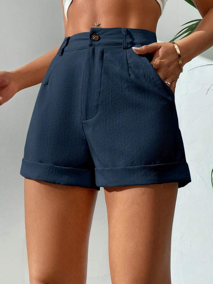 SHEIN PETITE Summer Vacation Casual Solid Color Rolled Hem Shorts | SHEIN USA | SHEIN