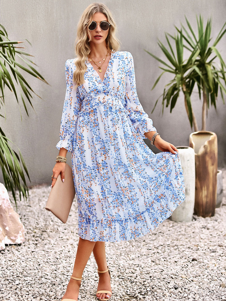 Ditsy Floral Deep V-neck Ruffle Hem Dress | SHEIN