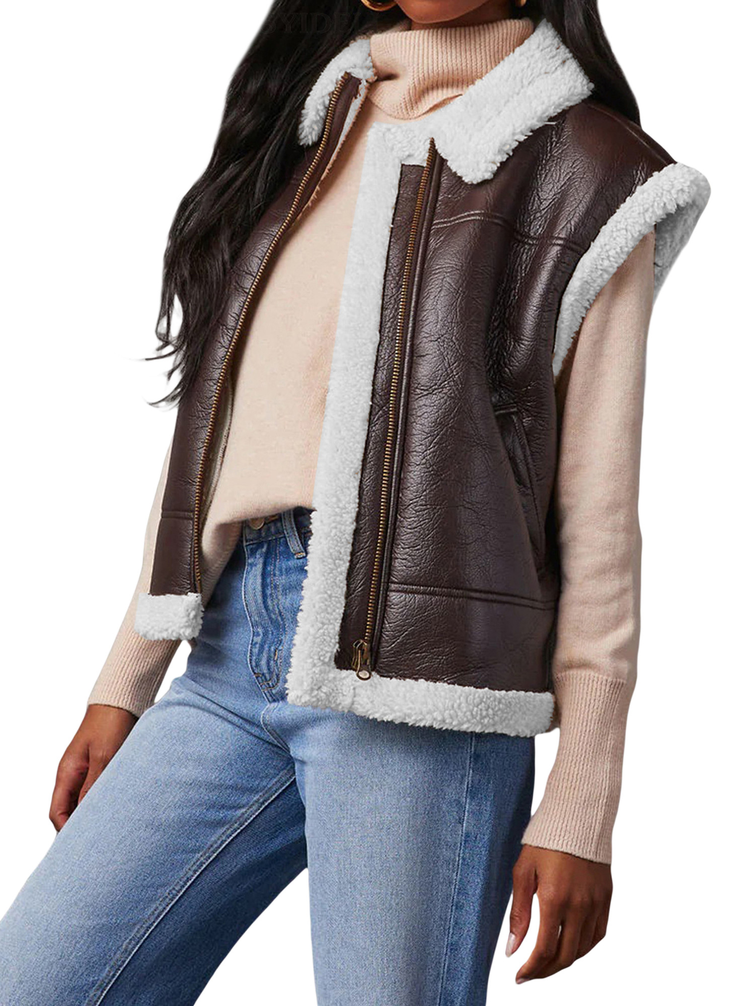 Sunisery Women's Patchwork PU Leather Vest Sherpa Lined Casual Warm Sleeveless Zip Up Jacket Wais... | Walmart (US)