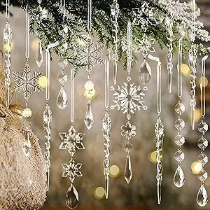 18pcs Christmas Tree Decoration Crystal Ornaments - Hanging Acrylic Christmas Snowflake Icicle Dr... | Amazon (US)