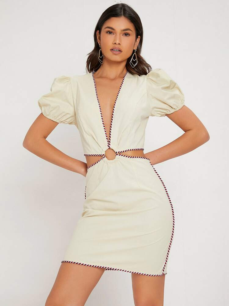 SHEIN Contrast Binding Cut Out Puff Sleeve Dress | SHEIN