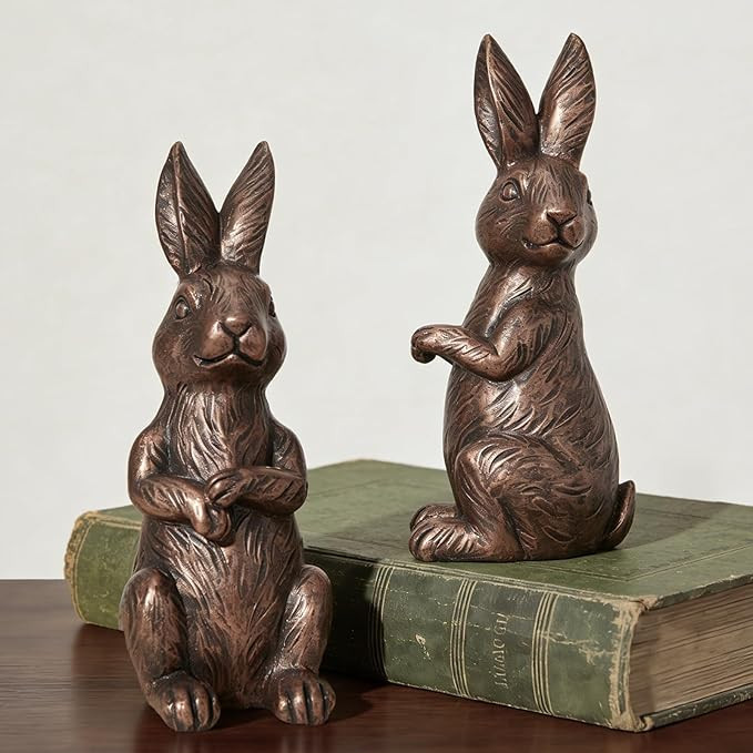 DN DECONATION Easter Decorations Bunny Figurines Set of 2 - Bronze Rabbit Statues Farmhouse Sprin... | Amazon (US)