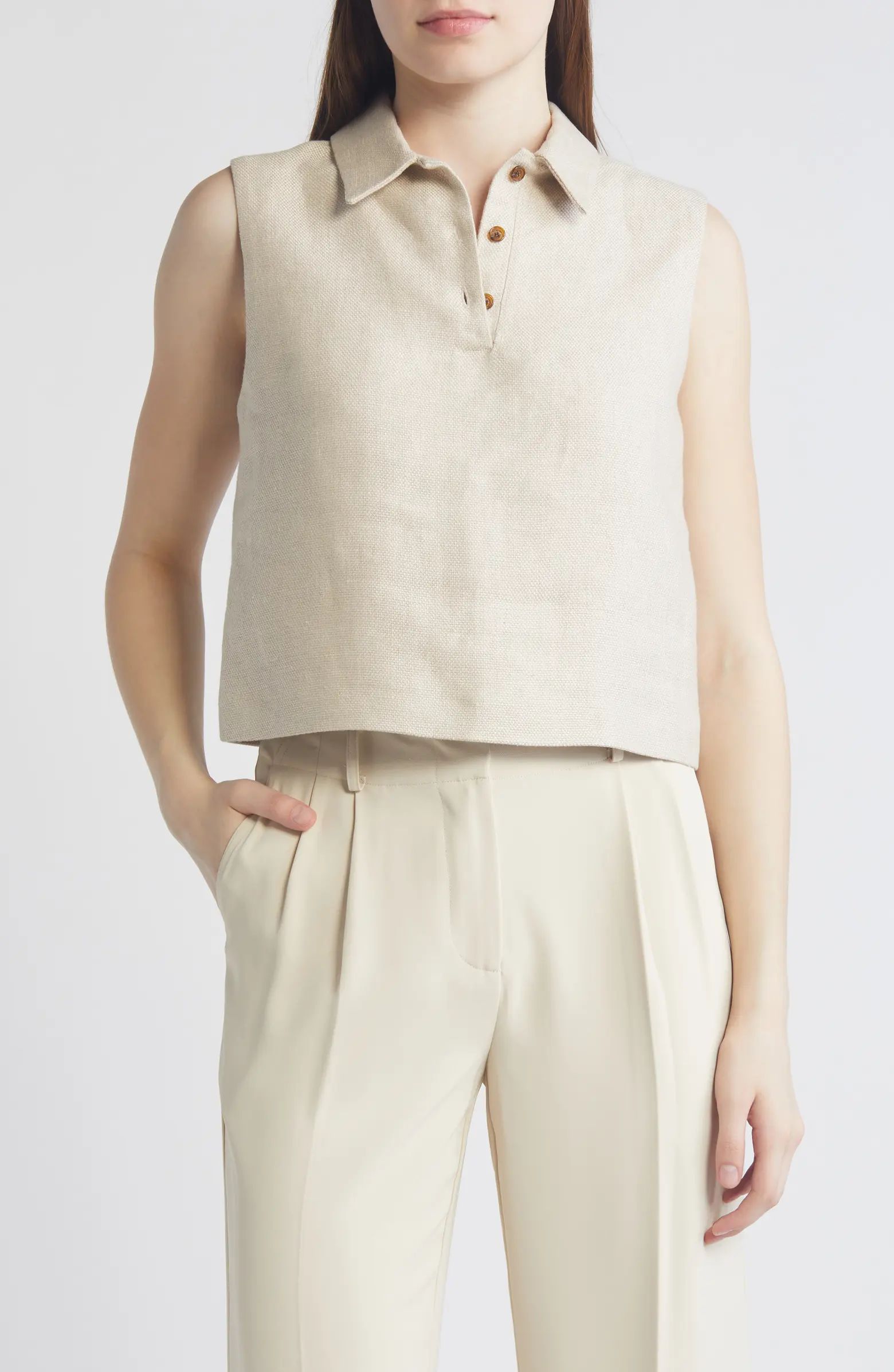 Theory Sleeveless Linen Crop Polo | Nordstrom | Nordstrom