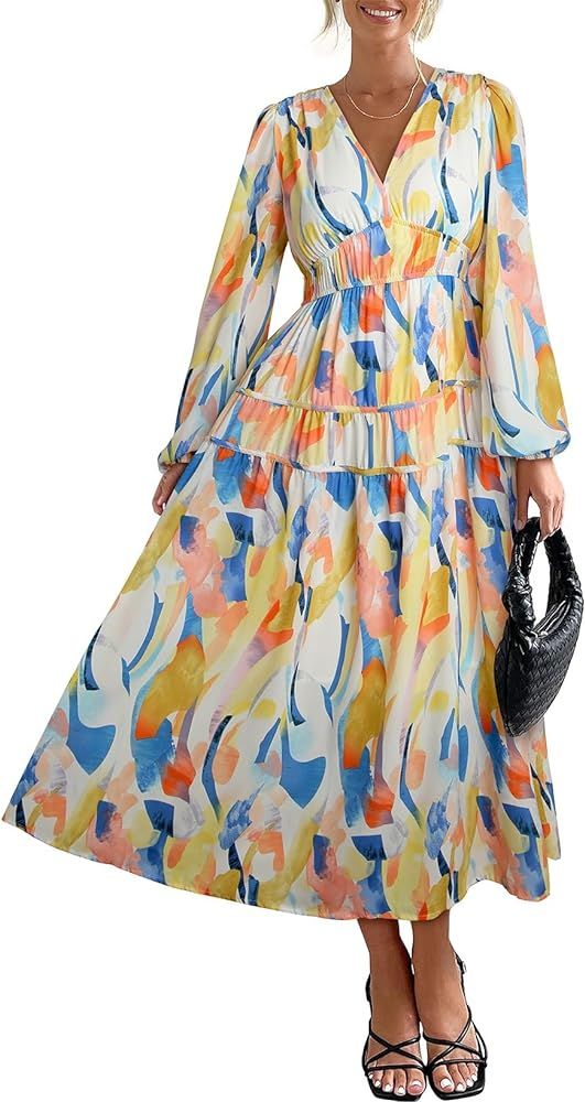 BLENCOT Women's Boho Print Dress Deep V Neck Maxi Dress Long Sleeve High Waist Wedding Guest Long Dress | Amazon (US)