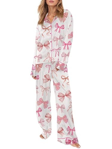 Fiacafyo Women's Silk Satin Bow Pajamas Long Sleeve Button Up Shirt Lounge Pants 2 Piece Cute Pjs Sleepwear Loungewear (A-Pink, M) | Amazon (US)