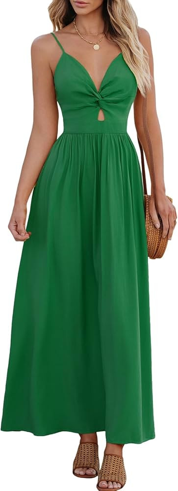 CUPSHE Women's Twisted Dress V Neck Sleeveless Long Dress Pleated Self Tie Back Adjustable Cami M... | Amazon (US)