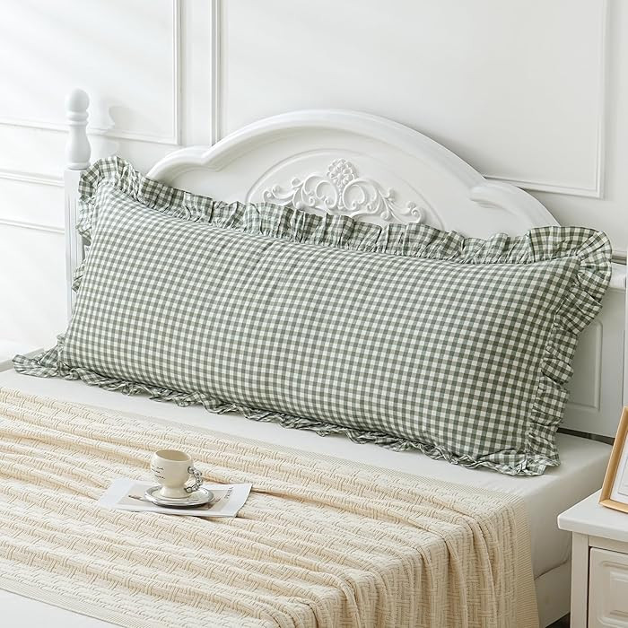 Qilunn Green/White Plaid Ruffled Body Pillow Sham Washed Cotton Shabby Checkered Gingham Pillow C... | Amazon (US)