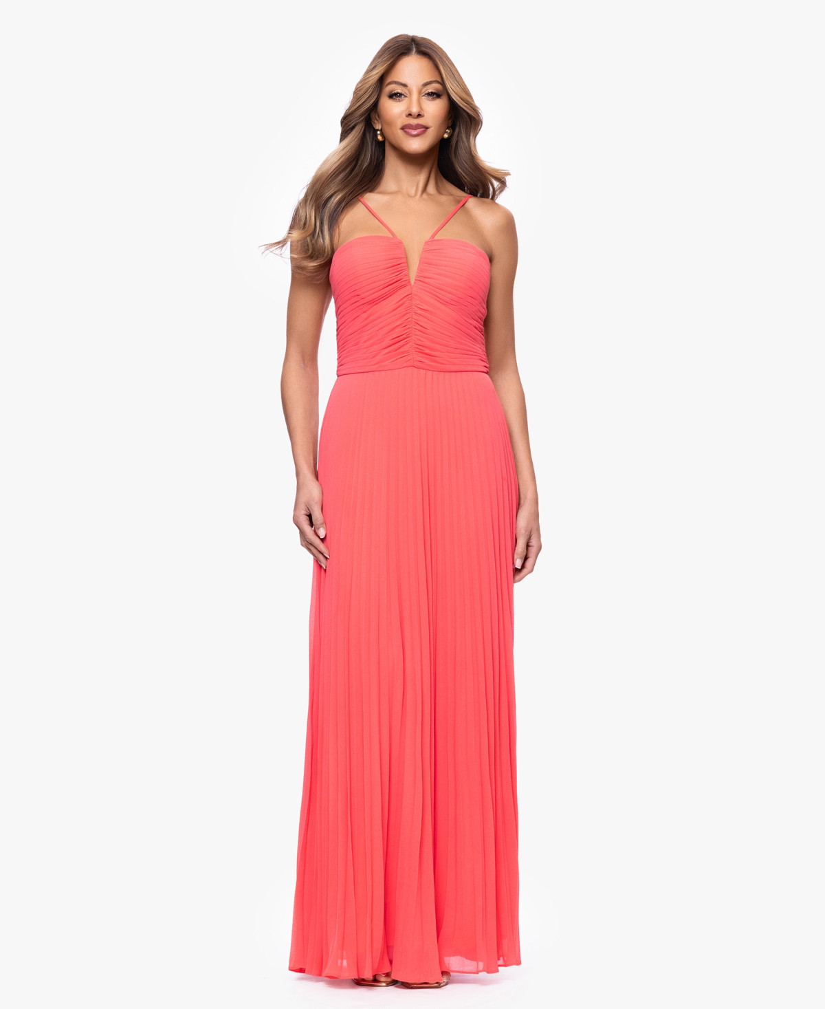 Xscape Women's V-Neck Pleated Sleeveless Gown - Coral | Macy's