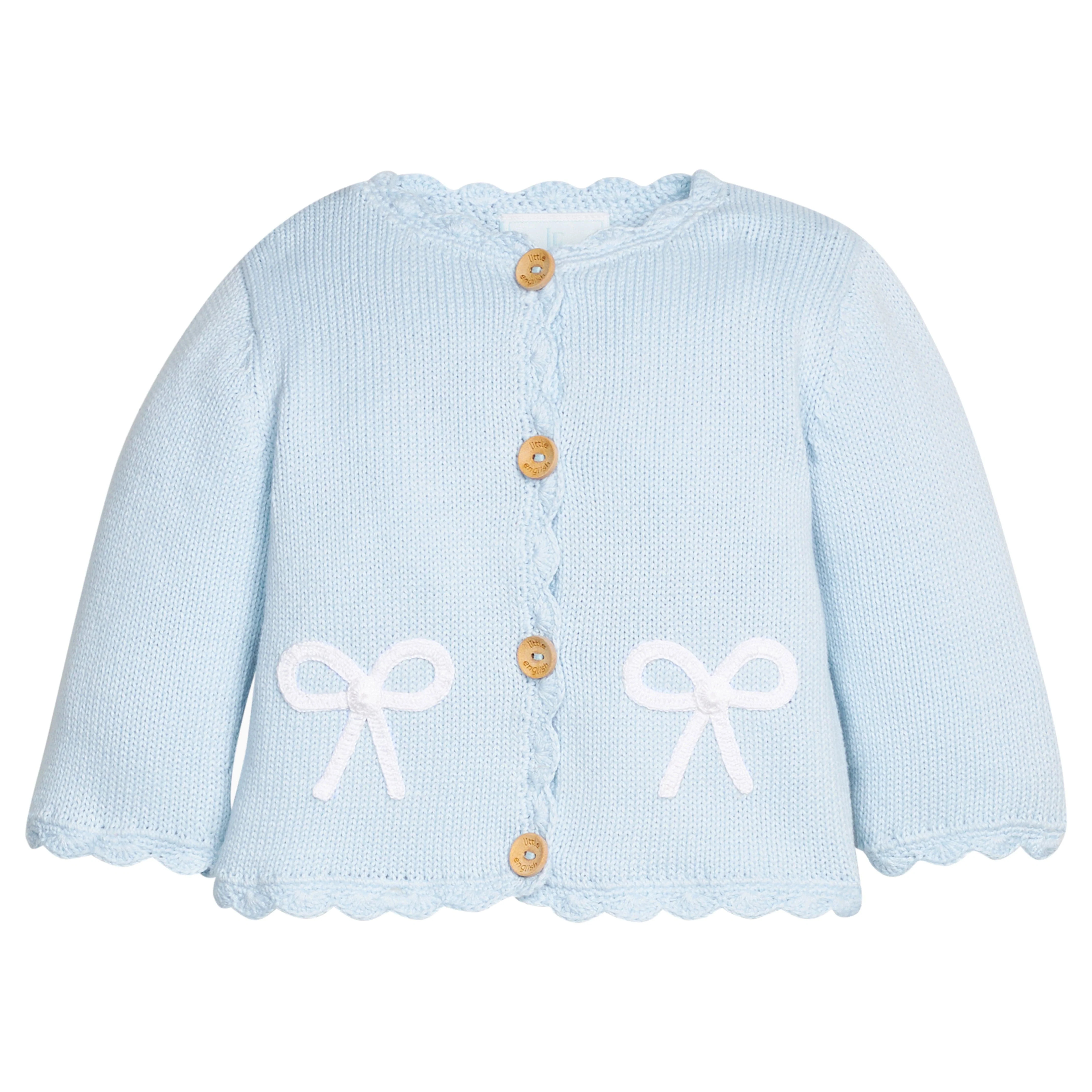 Blue Bow Crochet Cardigan for Baby Girl Hand-Crocheted Pima Cotton Sweater | Little English