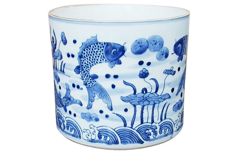 8" Feeding Fish Planter, Blue/White | One Kings Lane