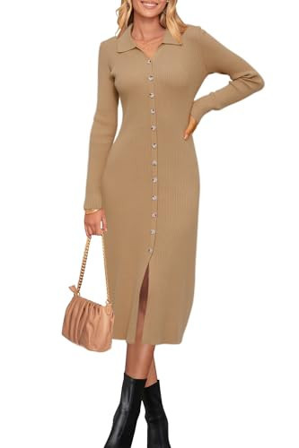 Newshows Womens Sweater Dress Fall Teacher Oufits 2025 Long Sleeve Business Casual Bodycon Split Ribbed Knit Midi Dresses Old Money Clothes Fashion Dresses(Yellow Apricot, S) | Amazon (US)