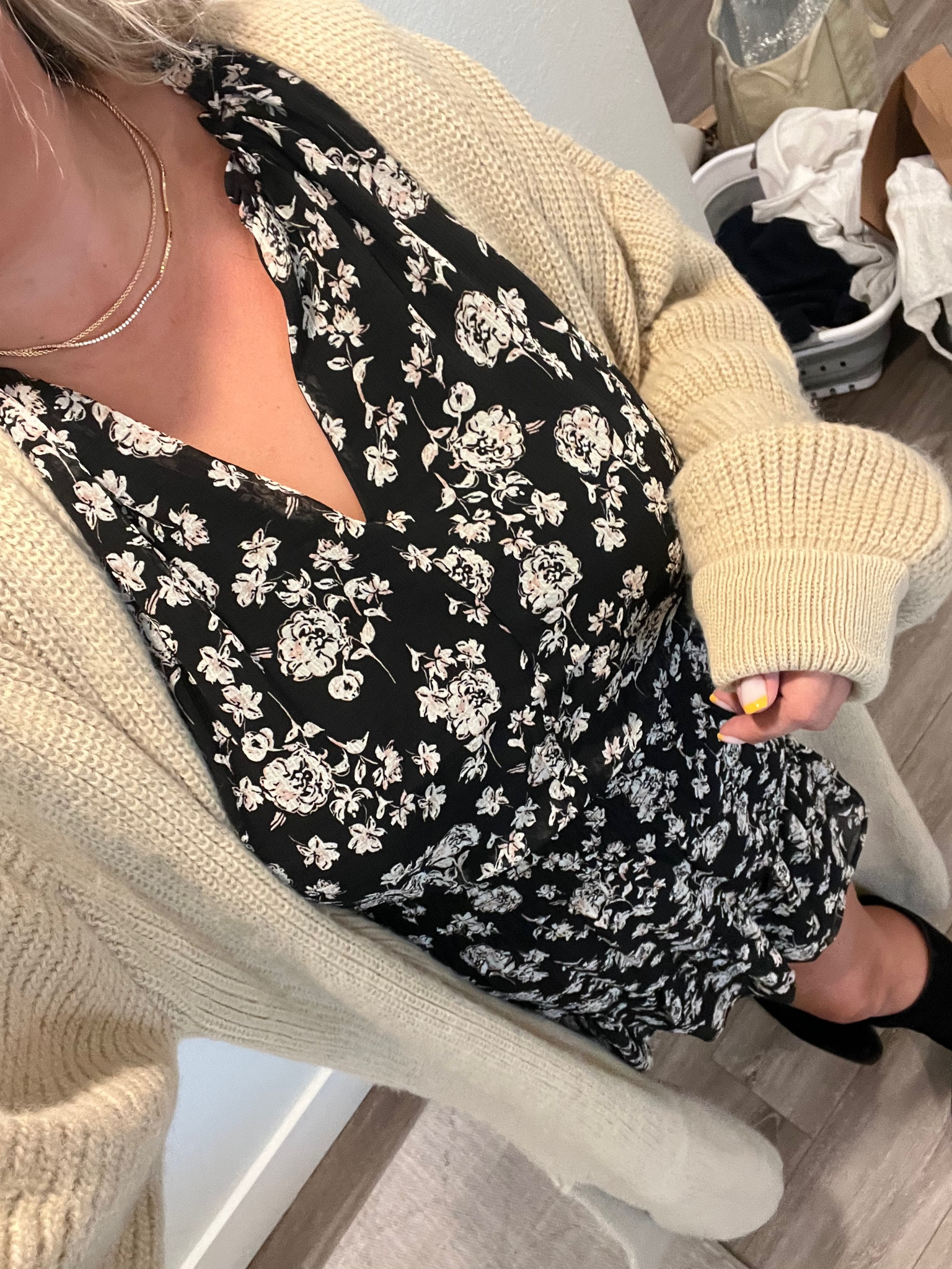 Great fall or Thanksgiving outfit from Nordstrom. Floral long sleeve dress, knee high suede boots, long cardigan, midsize outfit, fall outfit, fall fashion

#LTKstyletip #LTKHoliday #LTKmidsize
