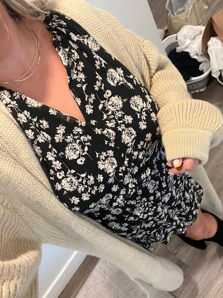 Great fall or Thanksgiving outfit from Nordstrom. Floral long sleeve dress, knee high suede boots, long cardigan, midsize outfit, fall outfit, fall fashion

#LTKstyletip #LTKHoliday #LTKmidsize