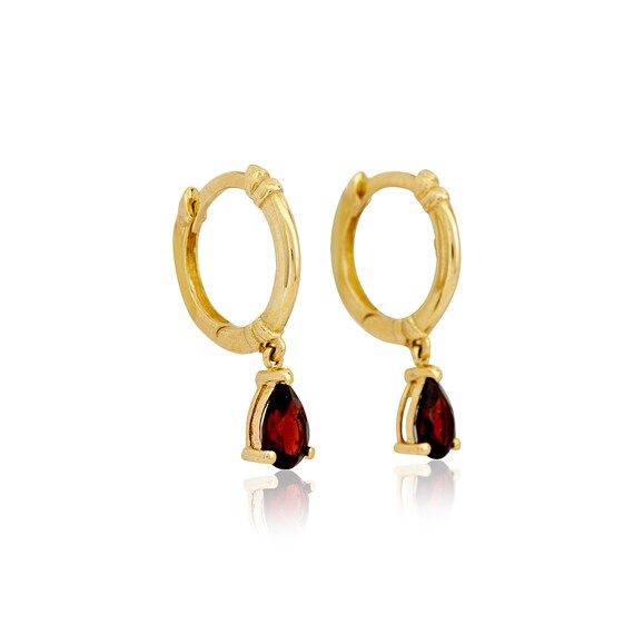 14K Yellow Gold and Garnet Stone Earrings - Hoop Stone Earrings - Gold Earrings with Dangle stone... | Etsy (US)