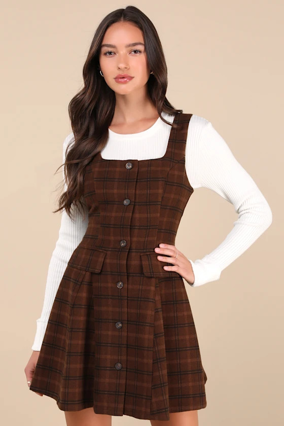 Autumn Approach Brown Plaid Sleeveless Button-Up Mini Dress | Lulus