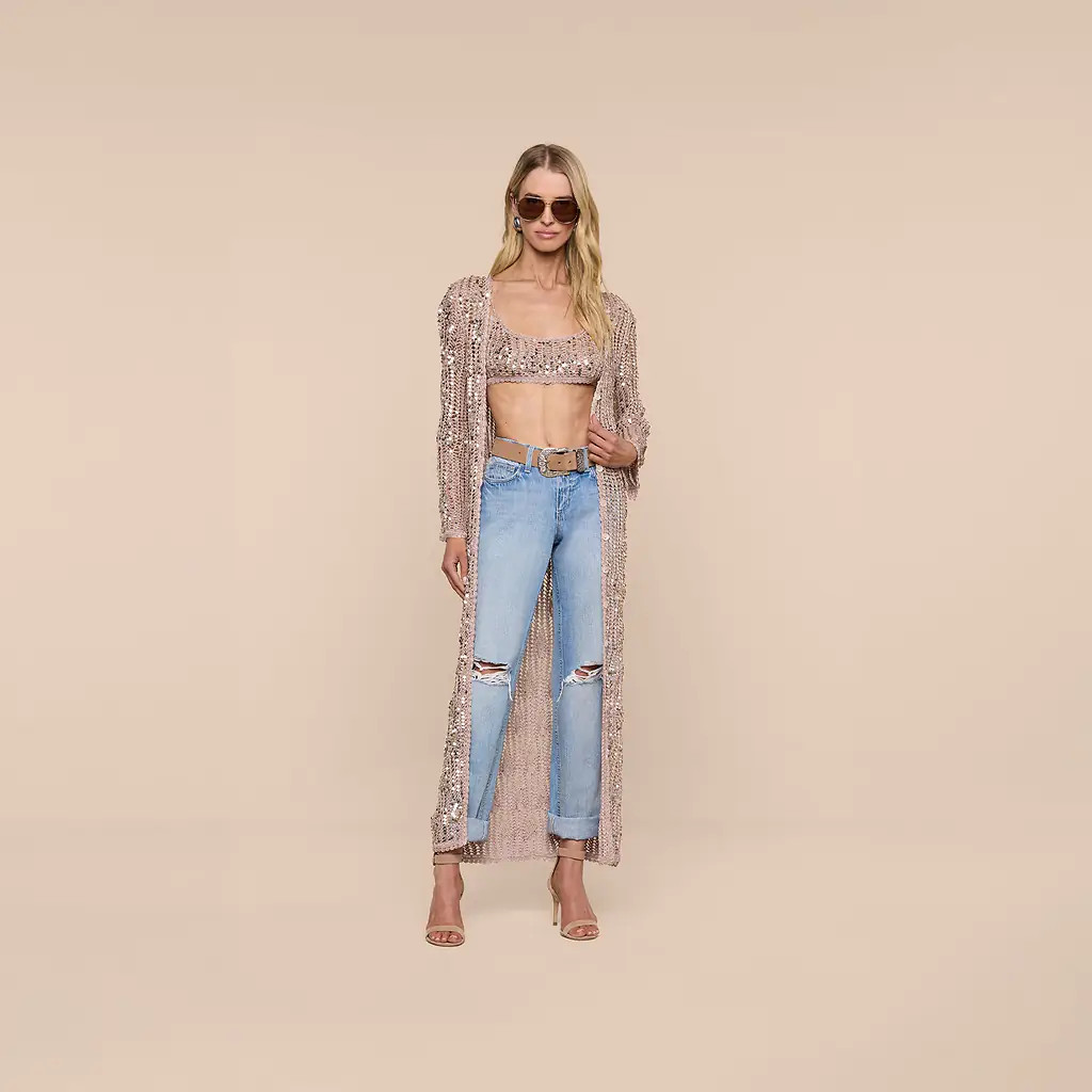 Sanya Crocheted Cardigan in Misty Rose/Sequins | L'AGENCE | L'Agence