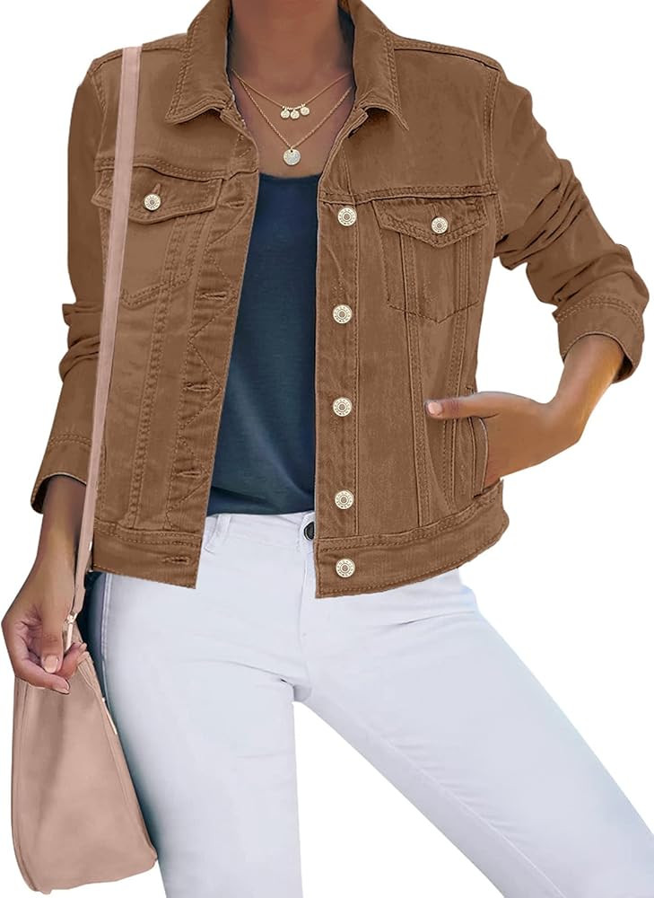 luvamia Women's Basic Button Down Stretch Fitted Long Sleeves Denim Jean Jacket | Amazon (US)