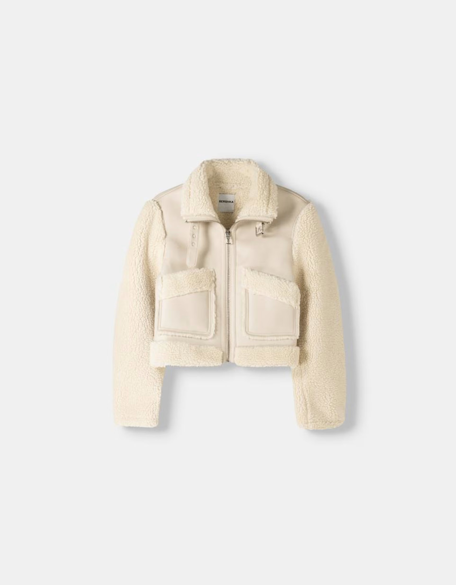 Bershka shearling and faux leather jacket in cream | ASOS (Global)