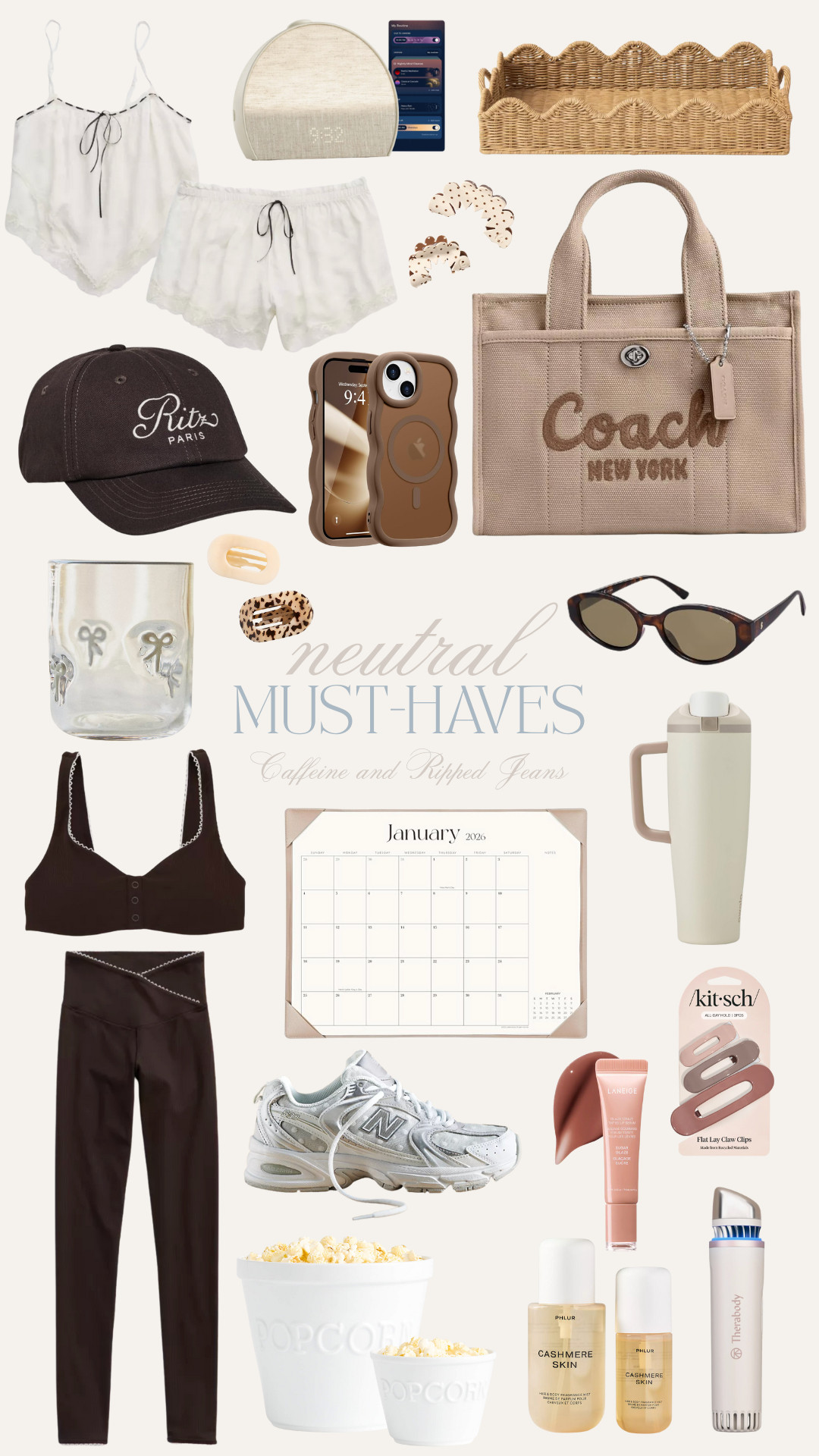 // neutral must-haves // neutral pajamas // hatch alarm clock // scalloped tray // coach bag // ritz paris hat // workout set // january 2026 calendar // 2026 calendar // 2026 desk calendar // water bottle // icon glass // kitsch hair clips // teleties hair clips // wavy phone case // owala cup // polka dot new balances // neutral new balances // laneige lip products // phlur fragrances // depuffer // popcorn bowls // sunglasses // designer lookalike sunglasses //  

 #LTKselfcare #LTKSeasonal #LTKActive