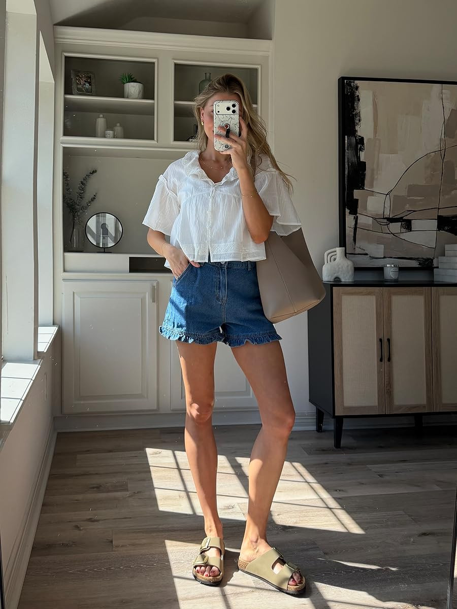 Cutest ruffle shorts and babydoll top for spring !!! Wearing S in top + 2 in shorts 
 

 