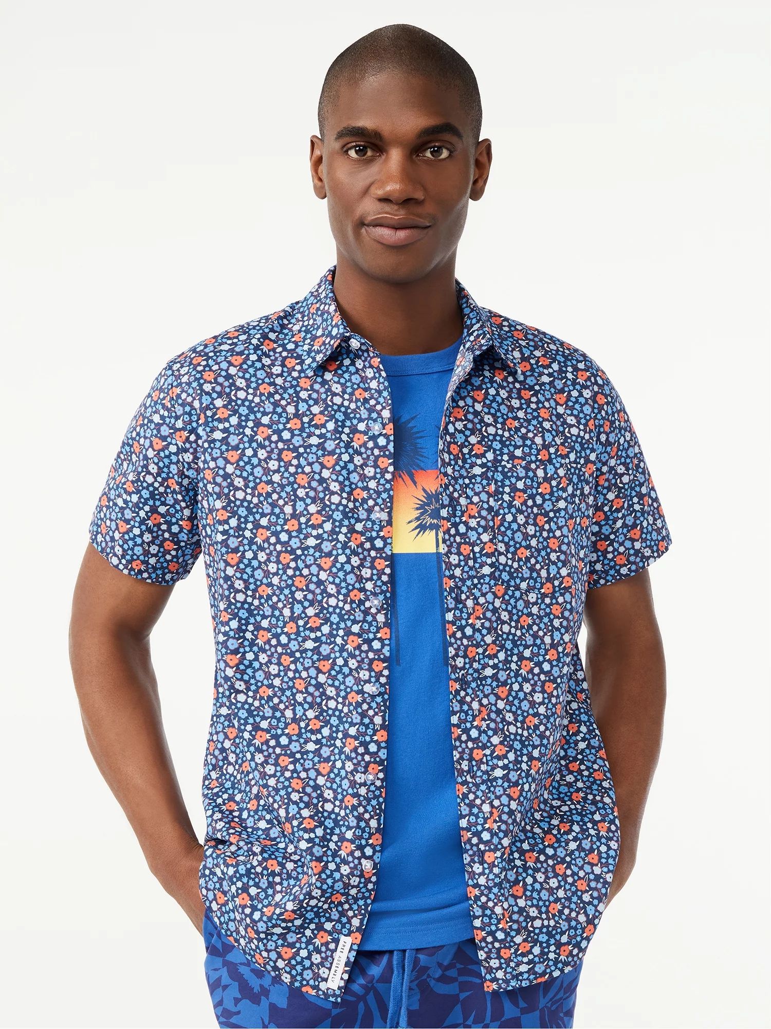 Free Assembly Men's Cotton Linen Print Shirt with Short Sleeves - Walmart.com | Walmart (US)