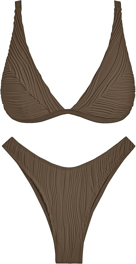 ZAFUL Bikini Sets for Women Triangle Textured Plunging High Cut Cheeky Bikini Swimsuits Two Piece... | Amazon (US)