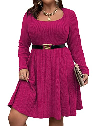 MakeMeChic Women's Plus Size Ribbed Knit Long Sleeve Scoop Neck A Line Flared Short Dress Plus Hot Pink 4XL | Amazon (US)