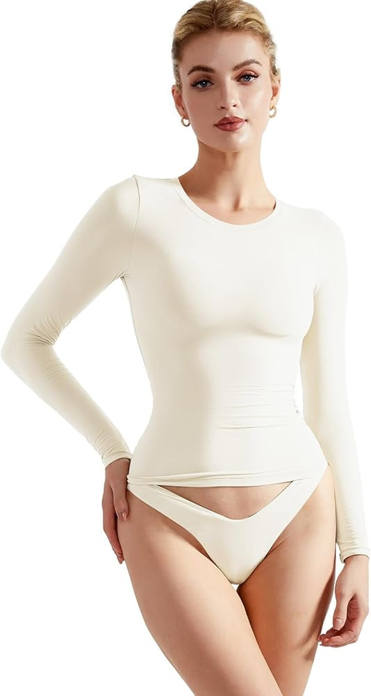 SUUKSESS Women Double Lined Fitted Basic T Shirts Crew Neck Long Sleeve Crop Top | Amazon (US)