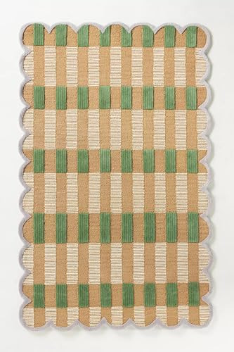 Hand-Tufted Wool Area Rug with Scalloped Edges, Beige and Green Plaid Pattern, Cozy and Soft Accent Rug for Living Room, Bedroom, and Nursery, Handmade Decorative Rug, 6x8 Ft | Amazon (US)