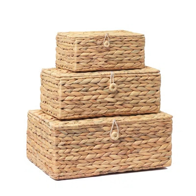 Set Of 3 Wicker Storage Baskets With Lid, Large Rectangular Rattan Basket Decorative Boxes, Natural Water Hyacinth Wicker Basket | Wayfair North America