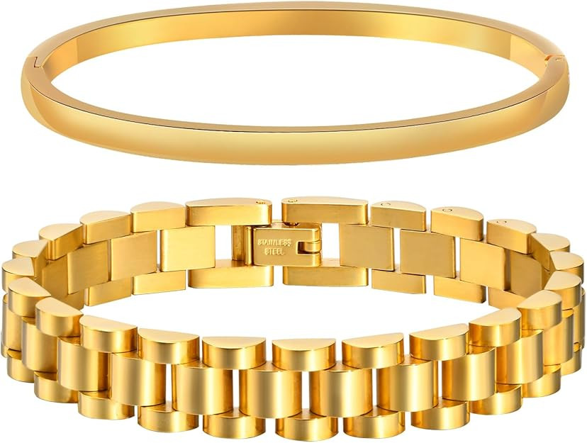 MPRAINBOW 2pcs 18K Gold Plated Chain Link Bracelet, Stainless Steel Crystal Friendship Bracelets ... | Amazon (US)