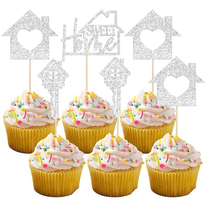 Gyufise 24 Pack Silver Sweet Home Cupcake Toppers Glitter Key Housewarming Cupcake Picks Decorati... | Amazon (US)