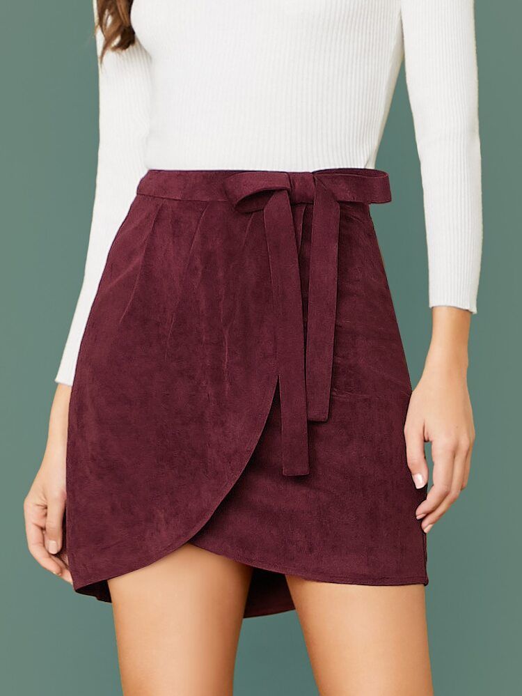 Knot Side Wrap Suede Skirt | SHEIN