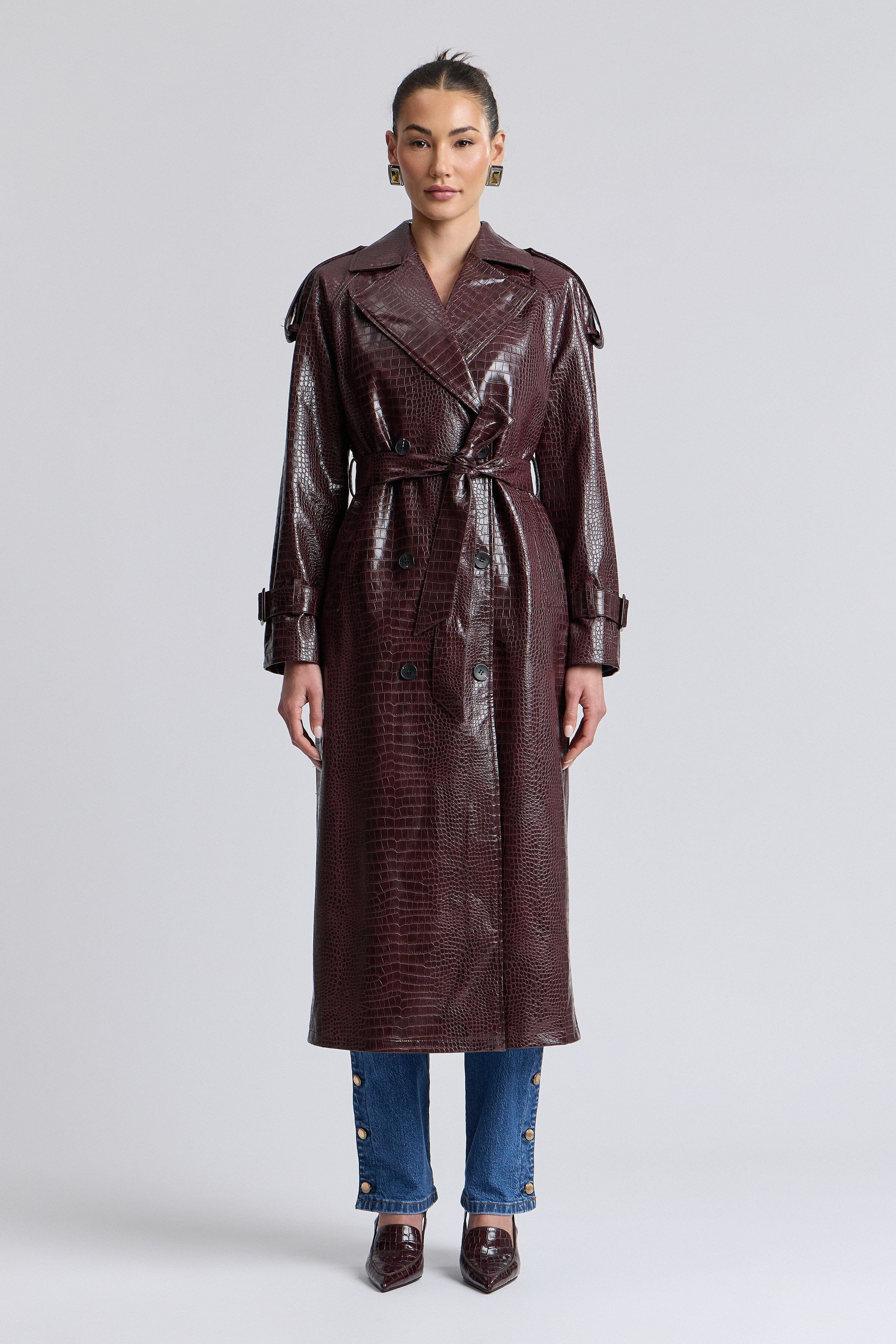 Croc-Embossed Faux Leather Belted Maxi Trench Coat | Avec Les Filles