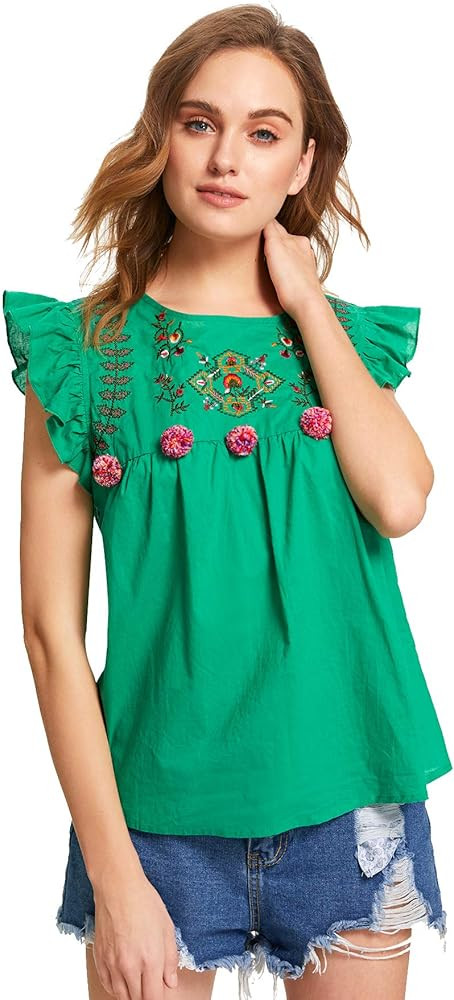 Romwe Floral Embroidery Ruffle Top | Amazon (US)