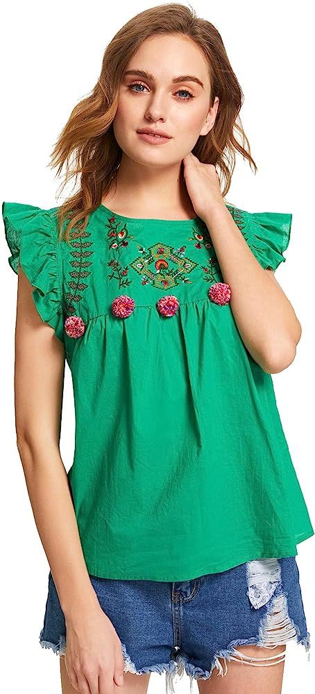 Romwe Floral Embroidery Ruffle Top | Amazon (US)